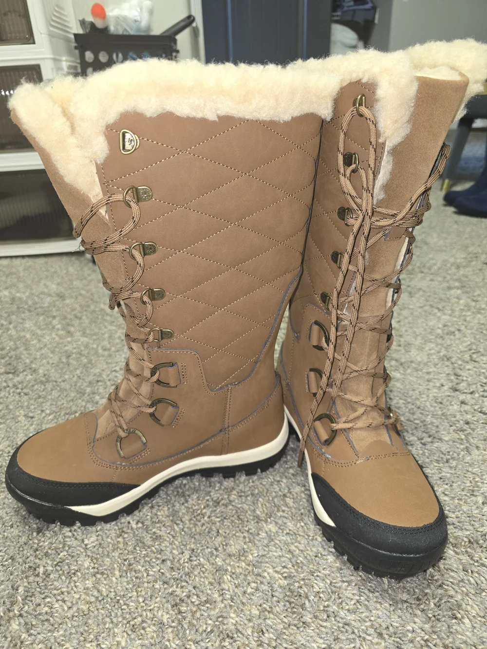 BearPaw Women's Chestnut Quilted Lace-Up Winter Booties with Faux Shearling